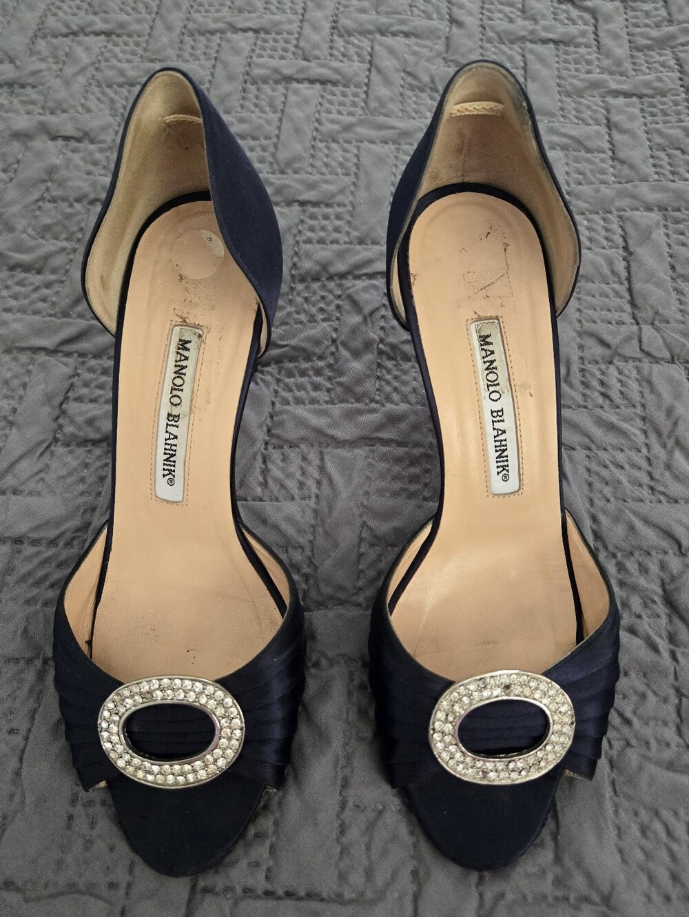 MANOLO BLAHNIK Sedaraby Navy Blue satin rhinestone detail open toe heels 36.5/ 6